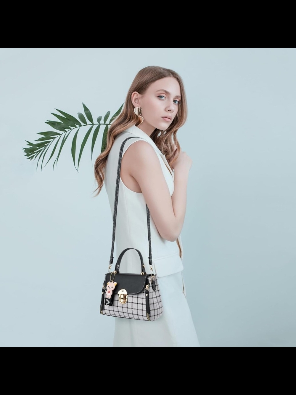 Plaid Black and White Top-Handle Satchel with Charm - Picture 5 of 16